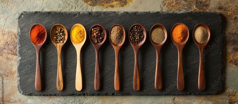 Poster wooden spoons with various spices and herbs arranged on a slate board with textured background and c