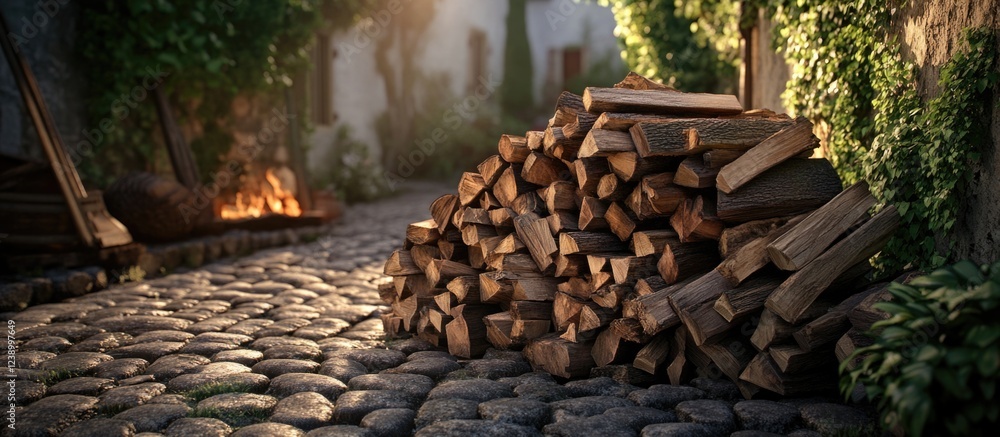 Aufkleber wooden logs neatly stacked beside a cobblestone path in a rustic setting with lush greenery and warm