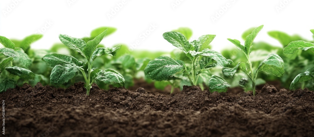 Poster green seedlings growing in rich soil with soft focus background and ample copy space for text placem