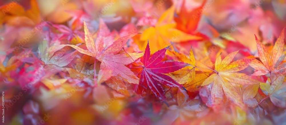 Aufkleber colorful autumn maple leaves in various shades on the ground with soft focus and ample copy space fo