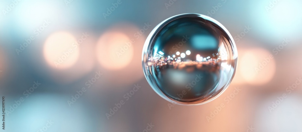 Poster close-up of a soap bubble with reflections and blurred background lights copy space
