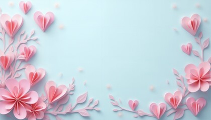 Fototapeta premium abstract festive background of pink flowers and heart shapes on a soft cyan background for Valentine's Day celebrations