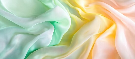 Soft flowing silk fabric in pastel colors of mint green, yellow, and peach with smooth texture and elegant drapery, Copy Space