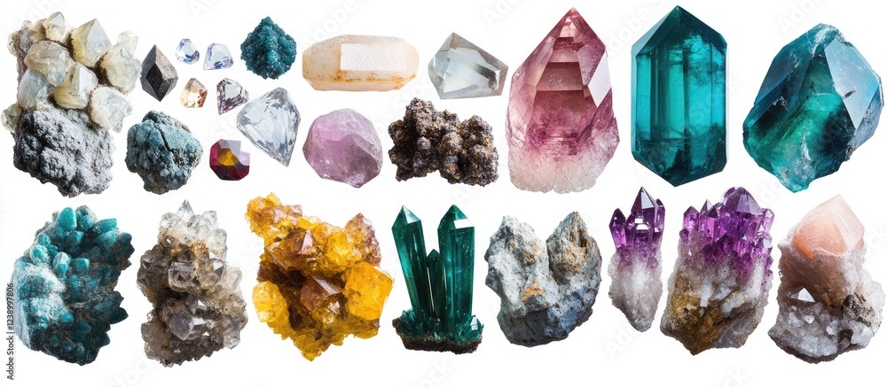 Poster colorful collection of various mineral crystals in different shapes and sizes with copy space for te