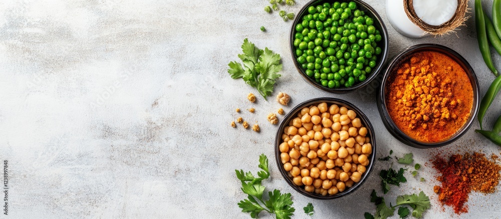 Poster assorted legumes and spices in bowls with fresh herbs on a textured background with copy space for t