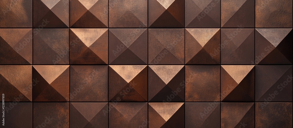 Poster textured geometric wall panel design with triangular patterns in brown and bronze tones copy space