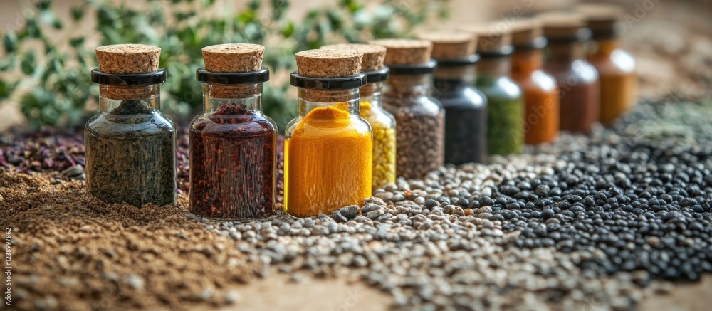 Poster assorted jars of colorful spices and herbs arranged in a line on a textured surface with various see