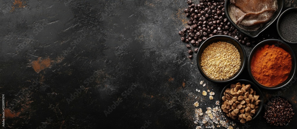 Poster assorted spices and ingredients in black bowls on dark textured background with ample copy space for