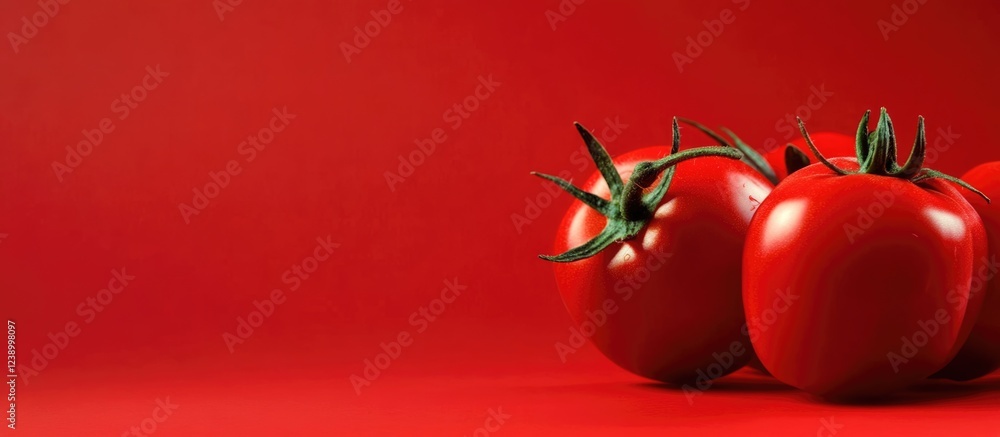 Poster fresh red tomatoes on a vibrant red background with soft lighting and ample copy space for text plac