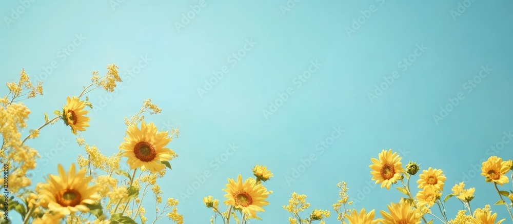 Poster sunflower field against clear blue sky with space for text in the upper part of the image copy space