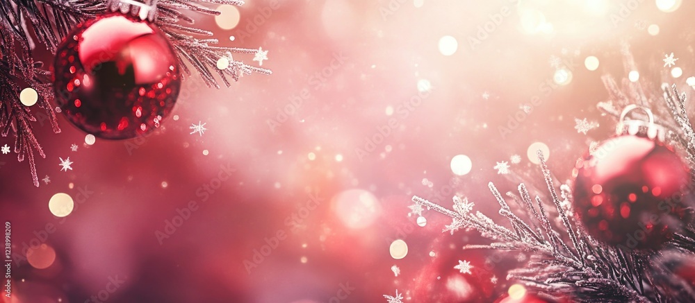 Poster christmas tree branches with red ornaments and soft bokeh lights in a festive atmosphere with copy s