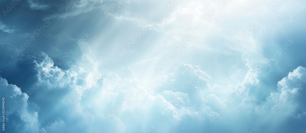 Poster blue sky with white fluffy clouds illuminated by sunlight beams creating a soft and tranquil atmosph