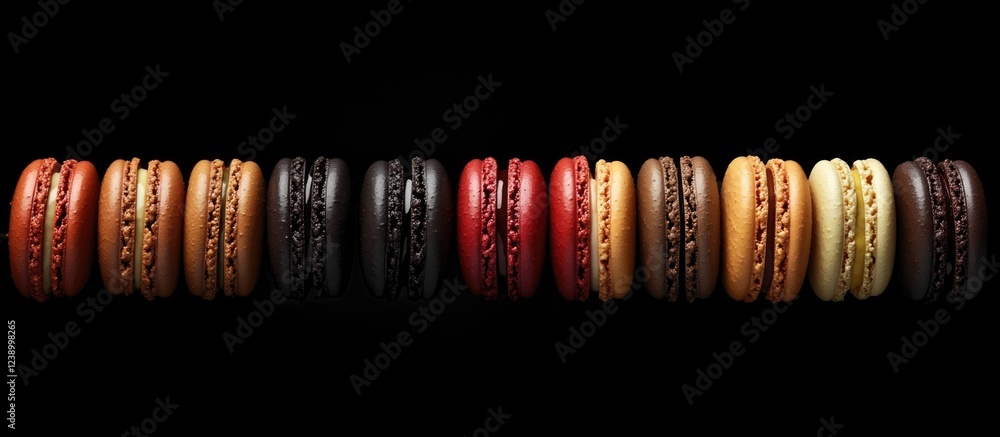Aufkleber assorted macarons on a black background arranged in a line with copy space for text.
