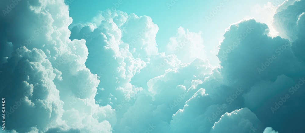 Poster fluffy white clouds against a bright turquoise sky with soft light creating a dreamy atmosphere and 