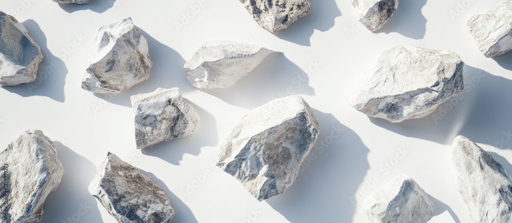 Poster white stones and rocks scattered on white background with natural shadows and textures providing vis