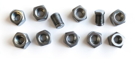 Various metallic nuts arranged on a white background with copy space for text inclusion