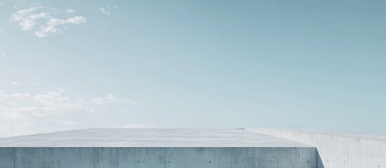 Minimalist concrete platform under clear blue sky with soft clouds and ample copy space for text placement