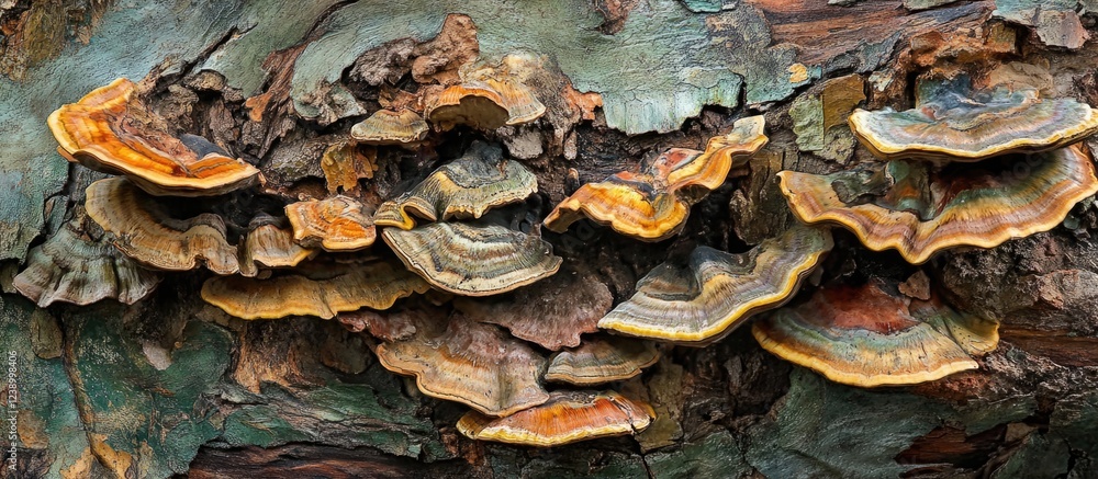 Aufkleber colorful bracket fungi growing on a tree trunk displaying various textures and layers with copy spac