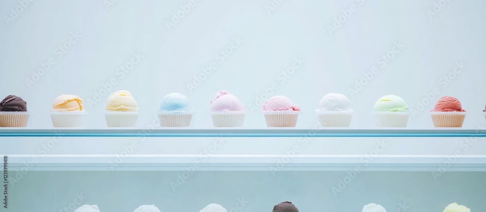 Poster colorful assorted ice cream scoops in cups displayed on a shelf against a light background with copy