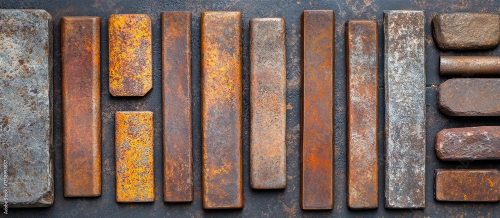 Poster various textured metal bars with rust and patina arranged on a dark background with copy space for d