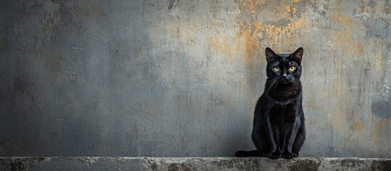 Black cat sitting against a textured gray wall with copy space for text