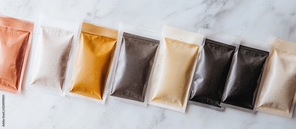 Poster assorted spice packets arranged in a row on a marble surface with copy space for text