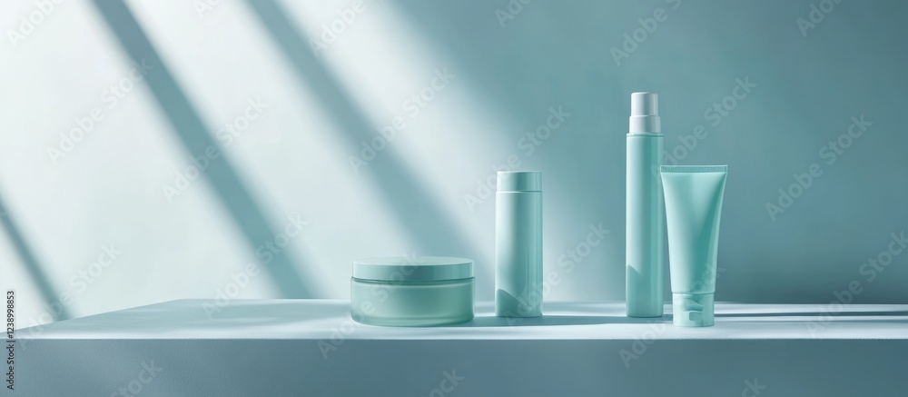 Poster mint green cosmetic containers arranged on a minimalistic surface with soft shadows and light reflec