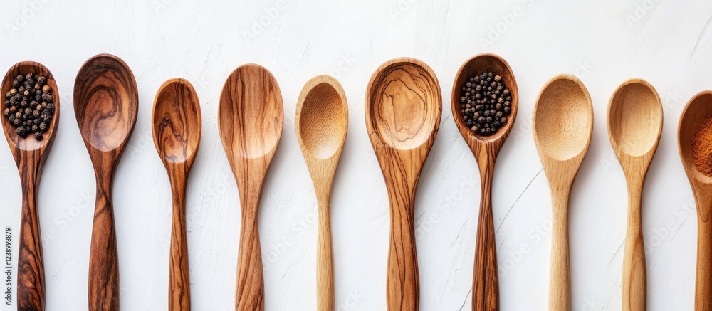 Poster wooden cooking spoons in a row with various spices displayed in the bowls on a textured white backgr