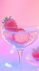 Fresh strawberry summer lemonade cocktail with ice and fruit  pieces. Modern aesthetic.