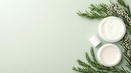 Herbal cream skincare jars, green background, product shot, beauty ad