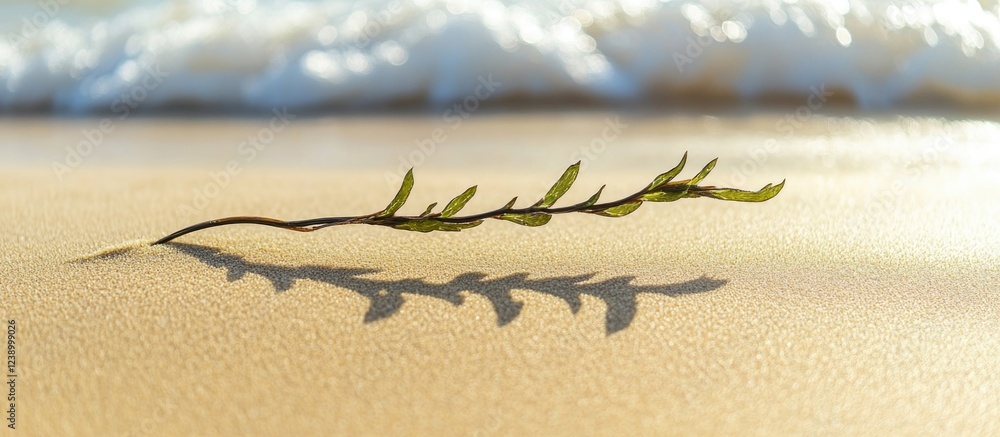 Aufkleber seaweed branch laying on sandy beach with soft wave in background creating shadow on sand copy space