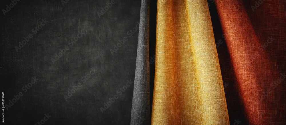 Poster textured fabric drapes in black, gold, and rust colors with dark background and copy space for text 