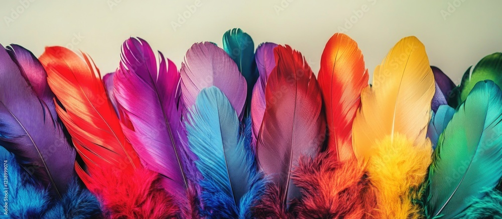 Poster colorful vibrant feathers arranged in a horizontal line against a neutral background with copy space