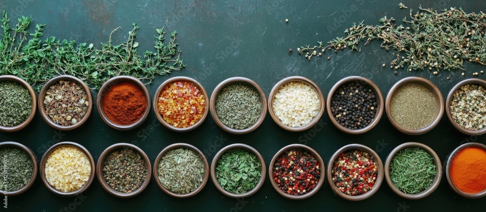 Poster assorted spices and herbs in round bowls arranged on a dark surface with copy space for text