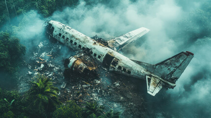 Obraz premium Aerial view of a crashed plane in a dense forest