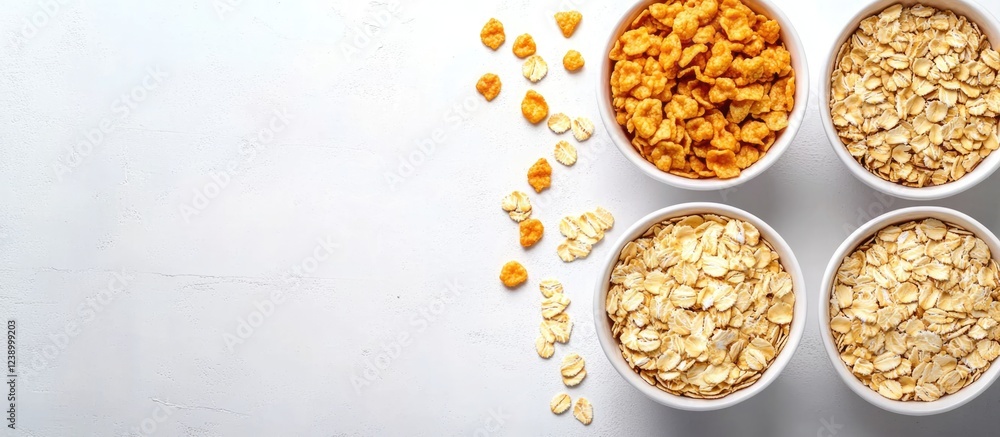Poster different types of breakfast cereals in white bowls on a light background with scattered flakes and 