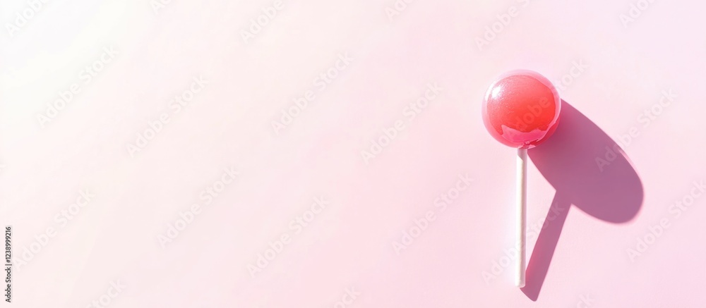 Poster pink lollipop on light pink background with soft shadows and ample copy space for text placement