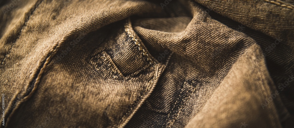 Poster close-up of textured fabric with detailed stitching and folds showing fabric wear, copy space availa