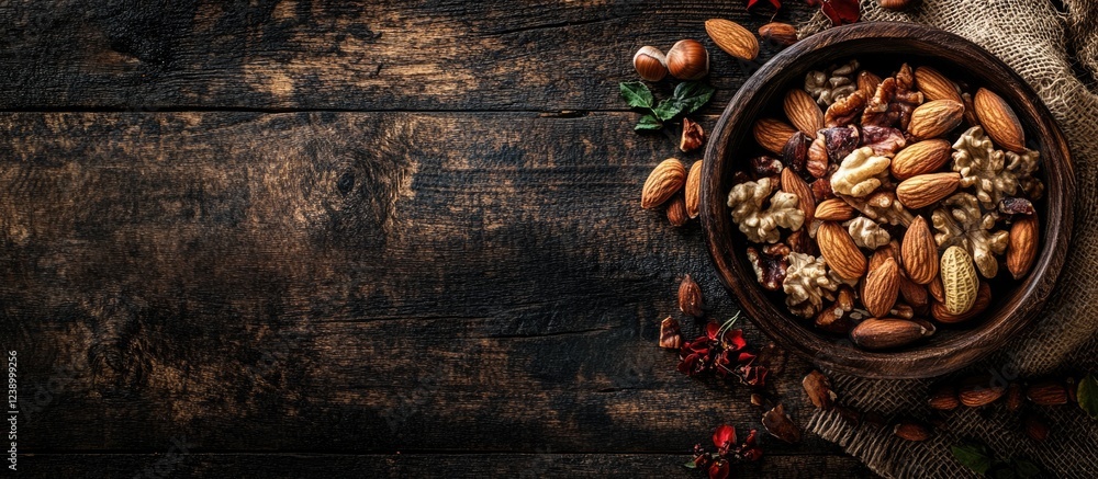 Poster assorted nuts in a wooden bowl on a rustic wooden table with copy space for text and decoration elem
