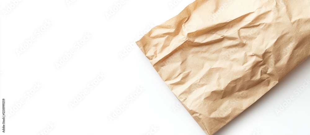 Poster crumpled brown paper bag on white background with copy space for text or graphics