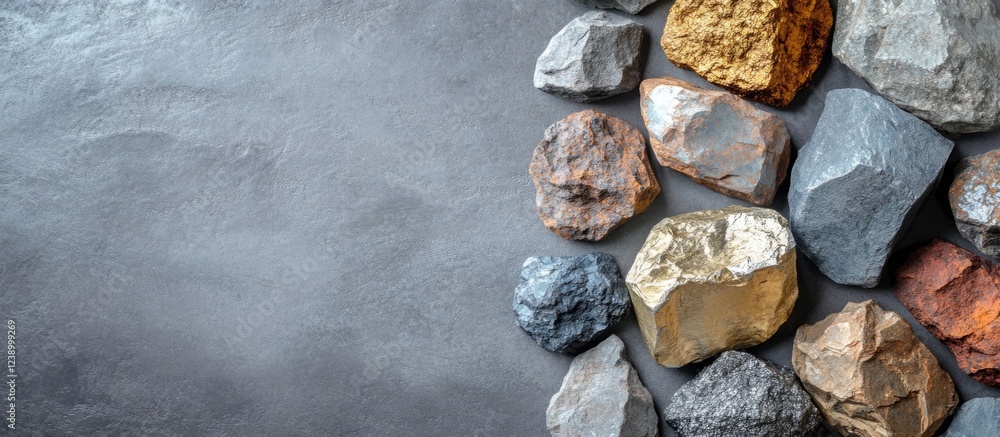Poster assorted natural stones arranged on a textured gray background with copy space for text placement