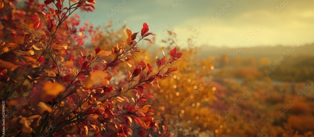 Wall mural Autumn foliage with vibrant red and orange leaves against a serene landscape during sunset, Copy Space available