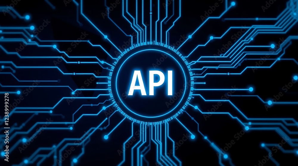 Poster api symbol embedded within a futuristic, glowing blue gear, connected to a complex circuit board