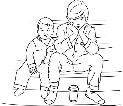 Melancholic Boys Sitting on a Stoop &ndash; Line Art