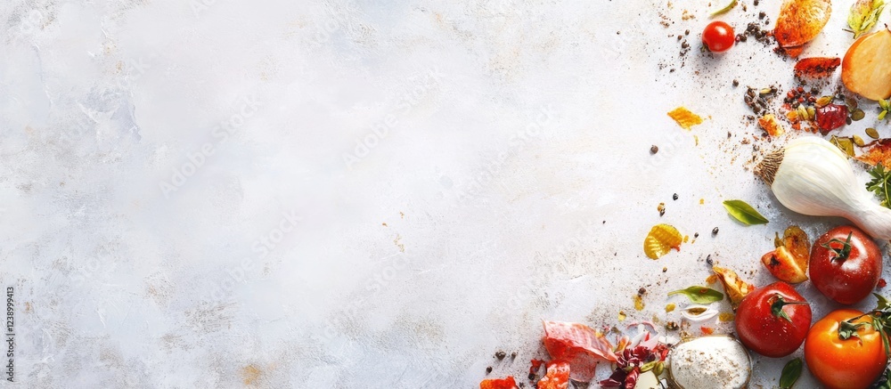 Poster fresh vegetables and spices arranged on a textured light background with ample copy space for text p