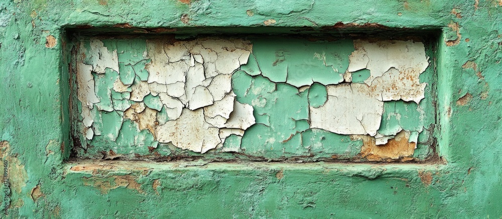 Poster peeling paint on a textured green surface with a worn and aged appearance featuring cracks and rust 