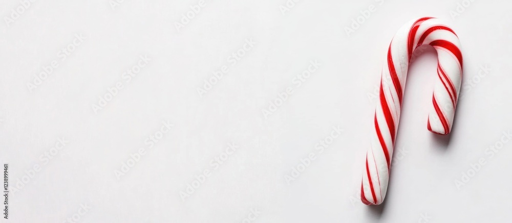 Poster candy cane on a plain white surface with ample copy space for text placement