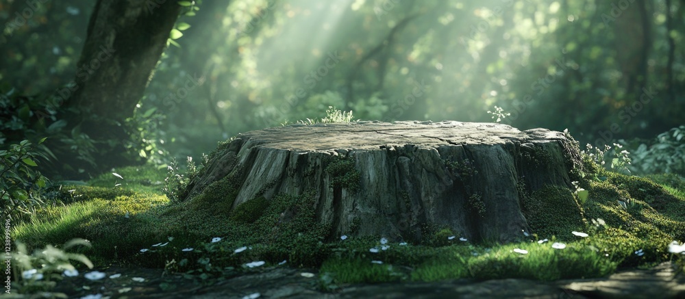 Aufkleber forest landscape featuring a textured tree stump surrounded by lush greenery and dappled sunlight wi