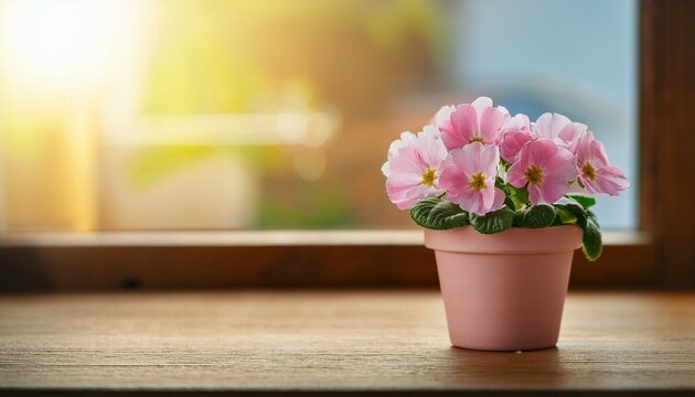 a small pink flower pot sits on a wooden table by a window - Powered by Adobe