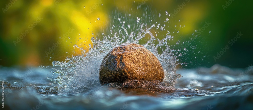 Poster splashing water around a submerged round stone creating dynamic waves with an out of focus green bac